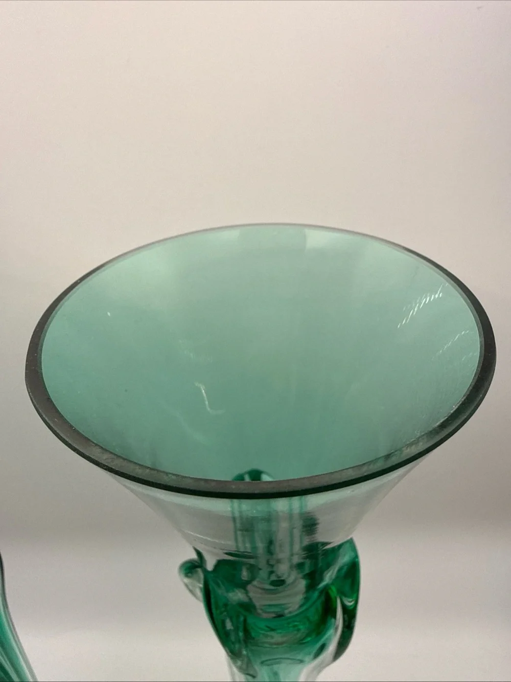 Vintage Set of 2 Green Jozefina Krosno Art Glass Taper Candleholders Hand-Blown